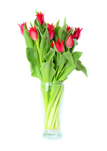 Bouquet Of Red Tulips In A Clear Vase