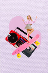 Poster - Creative template minimal collage of youngster overjoyed carefree lady wear glamour outfit ride skate cassette recorder isolated on pink background