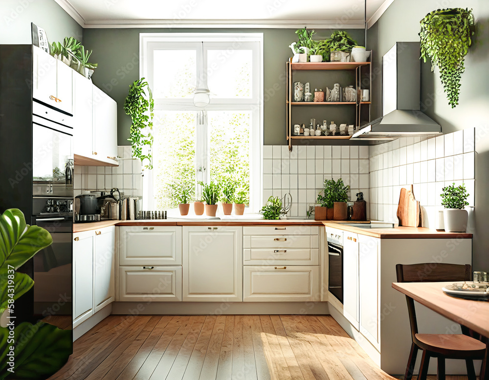 Modern kitchen interior with white furniture and wood countertops ...
