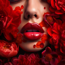 Face Of A Beautiful Woman With Lips With Red Lipstick Framed With Bright Scarlet Flowers Peonies Roses Petals. Fashion Makeup Skin Care Female Health AI Generated