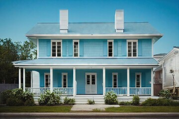 Sticker - White blue cute country house with porch and railing in classic style house exterior, created with generative ai