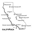 Vector hand drawn map of California CA with main cities and US National Parks. US States USNPs black and white illustrated map. Full vector global color swatch different layer for ease of use