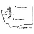 Vector hand drawn map of Washington WA with main cities and US National Parks. US States USNPs black and white illustrated map. Full vector global color swatch different layer for ease of use