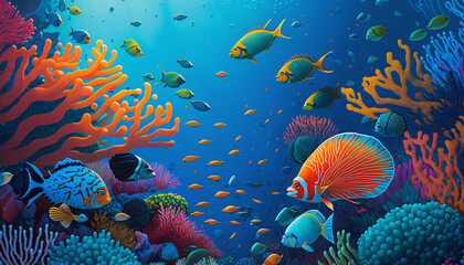 Canvas Print - coral reef with fishes generative ai