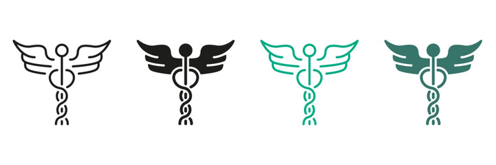 Wall Mural - Pharmacy Emblem, Hospital Black and Color Pictogram. Pharmaceutical Healthcare Symbol Collection. Caduceus Sign. Caduceus Greek Insignia Line and Silhouette Icon Set. Isolated Vector Illustration