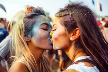 Two Blonde Girls Are Kissing At A Colorful Festival In Summer. Generative AI
