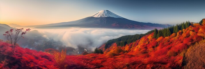 Canvas Print - Colorful Autumn Season and Mountain Fuji with morning fog and red leaves, generative ai