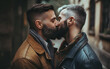 © henjon - Two Gay men with hipster beard kissing in public. Sharing a moment of love. Concept of gay love and LGBT. Shallow field of view. Illustrative generative AI. Not real people.