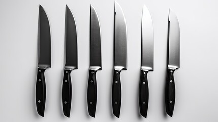 Set of new sharp chef knives with black handle isolated on white background. generative ai