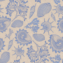 Different Types Of Shells And Corals. Seamless Pattern. Sea Style. Underwater Life. Luxurious Drawing.