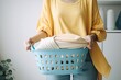Cheerful Housewife Carrying Basket of Laundry - A Positive and Happy Chore: Generative AI