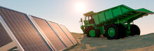 Green Energy Efficient Mining Truck Concept On A Sandy Landscape Next To A Group Of Solar Panels 3d Render