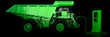 Green energy efficient mining truck concept on a black background being charged up from an electric charger 3d render