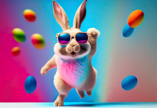 Wall Mural - Easter happy bunny wearing sun glass and jumping with easter eggs in background. 3D cartoon character animation style for celebrate Easter. (AI)