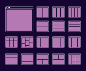Responsive wed design grids to help coders and designers.Website breakpoint wireframes vector illustration. Column Grid Web Screen Display Template Computer