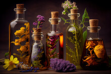 Three Bottles Of Cosmetics Essential Oil And Herbs On Dark Background