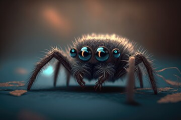 Cute brown spider with orange leaves on brown background created using generative ai technology