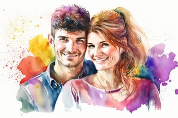 Watercolour portrait of smiling couple, created using generative ai technology