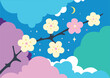 Sakura blossom branch on the blue sky. Spring pastel colors background with cherry blossom and moon
