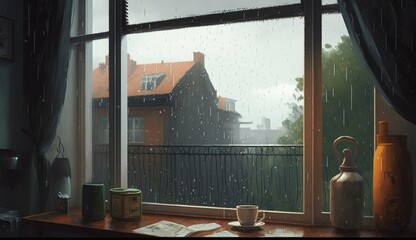 Rainy day seen from a window, Generate Ai