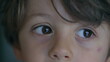Child macro close up eyes and face looking at camera. Small boy kid eye