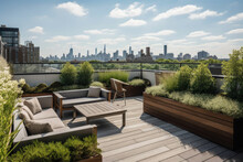 A Chic Rooftop Garden With Sleek Modern Furniture, Potted Plants, And Stunning Views Of The City Skyline.