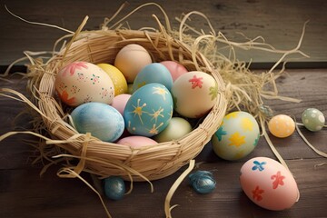 Wall Mural - Easter eggs in an Easter basket