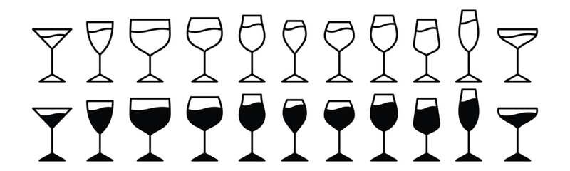 Drink glasses icons vector set. Alcohol glass types with editable stroke. Alcoholic cocktail glass icon sign and symbol in line and flat style. Liquor, beverages, bar, beer. Vector illustration