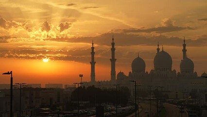 Wall Mural - Silhouette of Sheikh Zayed Grand Mosque landmark building in Abu Dhabi during a beautiful sunrise sky. Travel to United Arab Emirates.  4k video