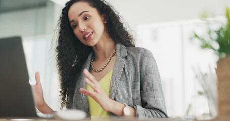 Canvas Print - Business woman laptop and video call, webinar or virtual meeting discussion, speaking or online talking in office. Remote worker or biracial person on computer for webinar planning or client advice