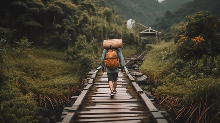 A man travels alone with a large backpack on his back walking up the stair to the hidden village with generative ai technology