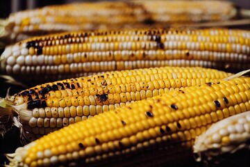 Canvas Print - Bright roasted corn cobs with white and yellow grains, created with generative ai