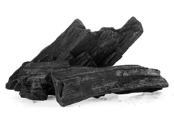 Wall Mural - Pile of natural wood charcoal isolated on a white background. Hard wood charcoal.