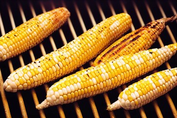 Canvas Print - Golden grilled corn cobs laid out on barbecue grill at picnic, created with generative ai