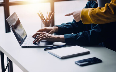 Close up ux developer and ui designer use augmented reality brainstorming about mobile app interface wireframe design on desk at modern office.Creative digital development agency