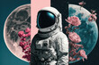 © ADDICTIVE STOCK - Generative AI illustration full body of astronaut in spacesuit helmet with visor standing on big moon with pink flowers