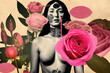 © ADDICTIVE STOCK - Generative AI illustration abstract contemporary art paper collage of nude wavy haired woman with pink roses looking at camera against shabby background
