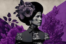 Generative AI Illustration Abstract Contemporary Art Paper Collage Of Female In Retro Clothes And Big Hat With Flowers Against Gray And Purple Background Looking Away