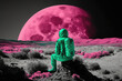 © ADDICTIVE STOCK - Generative AI illustration full body back view of cosmonaut in spacesuit sitting on pink planet near rocky formations against big pink moon