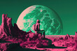 © ADDICTIVE STOCK - Generative AI illustration full body side view of cosmonaut in spacesuit sitting on pink planet near rocky formations against big green moon