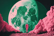 © ADDICTIVE STOCK - Generative AI illustration full body back view of man in suit standing near pink rocky formations against green huge moon concept of loneliness