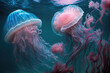 © ADDICTIVE STOCK - Generative AI illustration of pink transparent jellyfishes swimming underwater of blue sea with bubbles