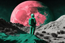 Generative AI Illustration Back View Of Cosmonaut In Spacesuit Sitting On Planet Near Rocky Formations Against Big Pink Moon