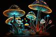 © ADDICTIVE STOCK - Generative AI illustration of colorful psychedelic fluorescent neon magic mushrooms growing against black background