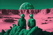 © ADDICTIVE STOCK - Generative AI illustration back view of cosmonaut couple in spacesuit sitting together on pink planet near rocky formations against big green moon