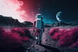© ADDICTIVE STOCK - Generative AI illustration full body back view of astronaut in spacesuit walking through dry pink plants on dark planet against crescent moon in night sky with colorful illumination