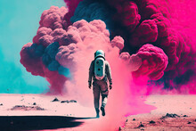 Generative AI Illustration Full Body Back View Of Cosmonaut Walking Towards Pink Colored Smoke On Sandy Ground Against Blue Sky
