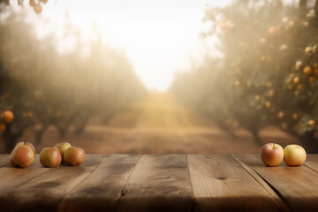 wooden table for product display in apple garden, generative ai