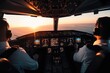 Two pilots in the cockpit of an airliner at sunset are a team of skilled professionals responsible for safely flying the aircraft during the evening hours. Generative AI
