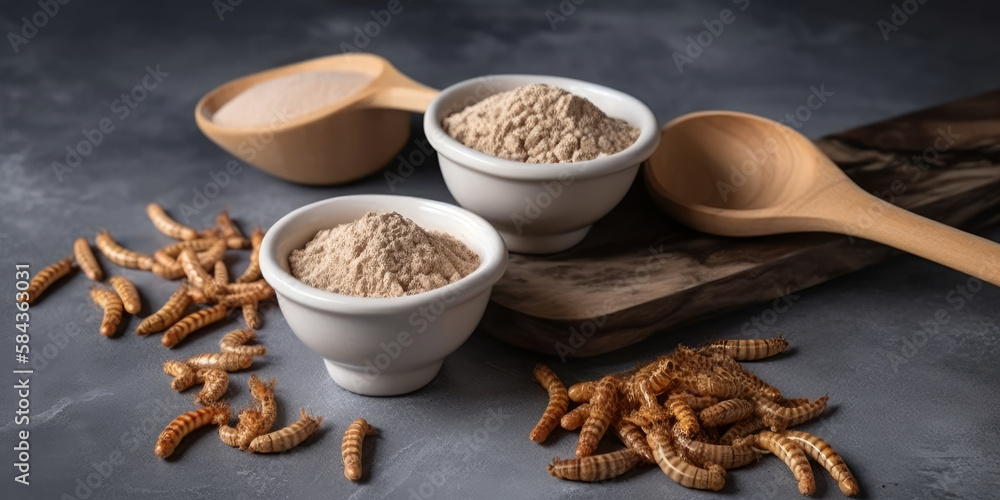 On a grey granite table, edible mealworms and flour are placed in ...